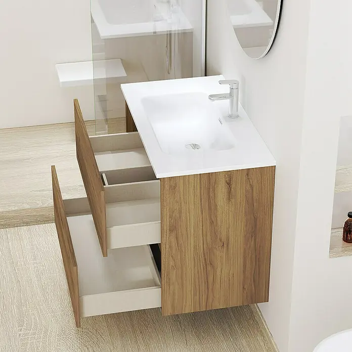 Artysan Conjunto de mueble de baño Basic 2C - Ancho: 80 cm, Ancho total del mueble de baño: 80 cm, Roble waira, 3 pzs. - Combinación de mueble de baño moderno con sistema de cajones abiertos en aspecto madera y lavabo sobre encimera blanco.