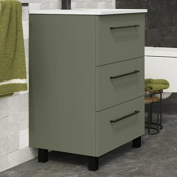 Artysan Conjunto de mueble de baño Arosa 3C - Ancho: 60 cm, 3 pzs., Verde musgo, Mate - Mueble de baño moderno en verde oliva con tres cajones y tiradores negros. La pieza se apoya sobre pies negros y presenta una tapa blanca.