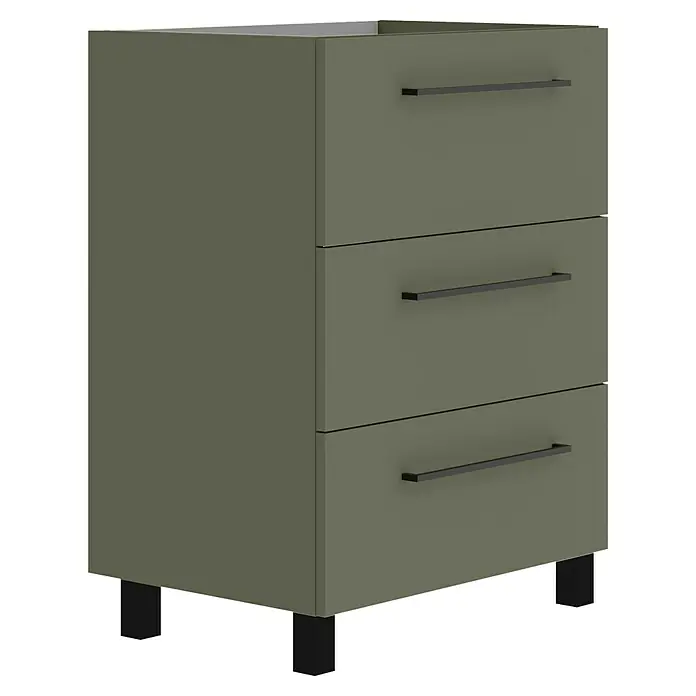Artysan Mueble bajo de lavabo Arosa 3C - L x An x Al: 44,6 x 60 x 83,3 cm, Musgo - Imagen de una cómoda verde con tres cajones y tiradores negros. El enfoque está en el diseño moderno y práctico.