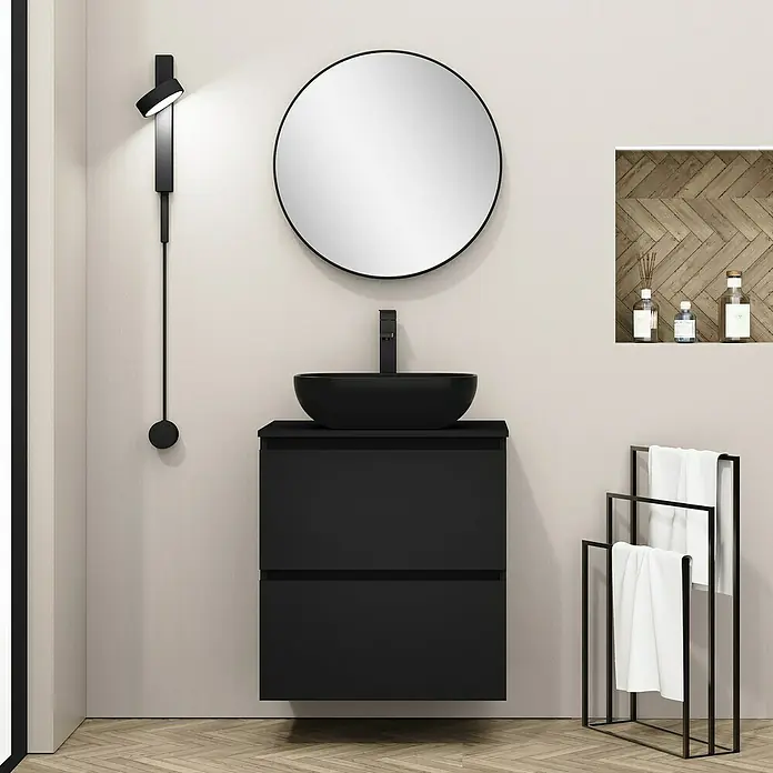 Artysan Mueble bajo de lavabo Kenia Top - Ancho: 60 cm, Negro - Mueble de baño negro con espejo redondo y toallero, diseño minimalista para baños modernos.