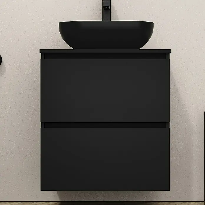 Artysan Mueble bajo de lavabo Kenia Top - Ancho: 60 cm, Negro - Mueble de baño negro con dos cajones y lavabo sobre encimera negro. Un diseño elegante para baños modernos.