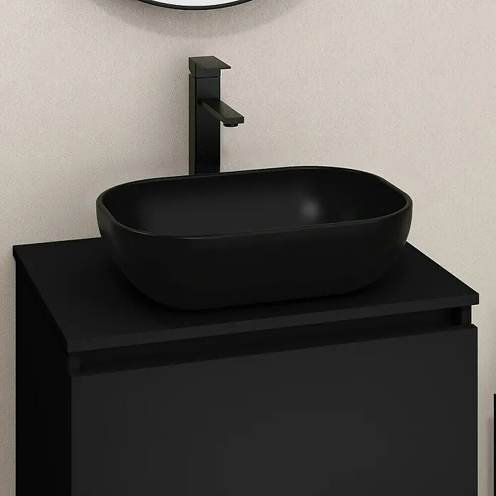 Artysan Mueble bajo de lavabo Kenia Top - Ancho: 60 cm, Negro - Lavabo negro y grifo sobre un moderno mueble de baño negro. Diseño elegante y minimalista para un baño con estilo.
