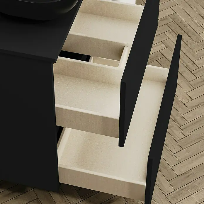 Artysan Mueble bajo de lavabo Kenia Top - Ancho: 60 cm, Negro - Primer plano de un moderno mueble de baño en negro con cajones abiertos, que revela un diseño elegante y funcional.