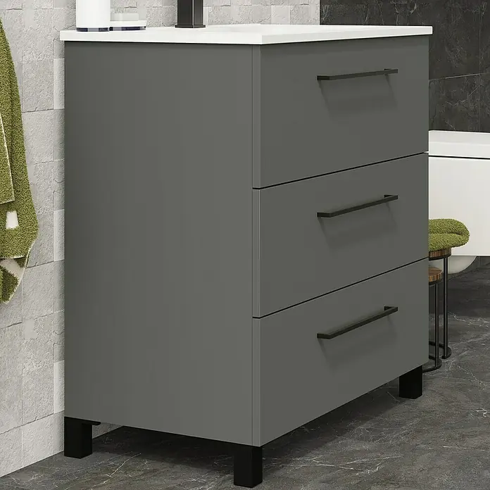 Artysan Conjunto de mueble de baño Arosa 3C - Ancho: 80 cm, 3 pzs., Antracita, Mate - Mueble de baño gris con tres cajones y un diseño de manija negra elegante, combinando funcionalidad con estilo moderno.