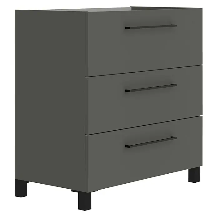 Artysan Mueble bajo de lavabo Arosa 3C - L x An x Al: 44,6 x 80 x 83,3 cm, Antracita - Una cómoda gris con tres cajones y tiradores negros. Elegante mueble para espacio de almacenamiento adicional.