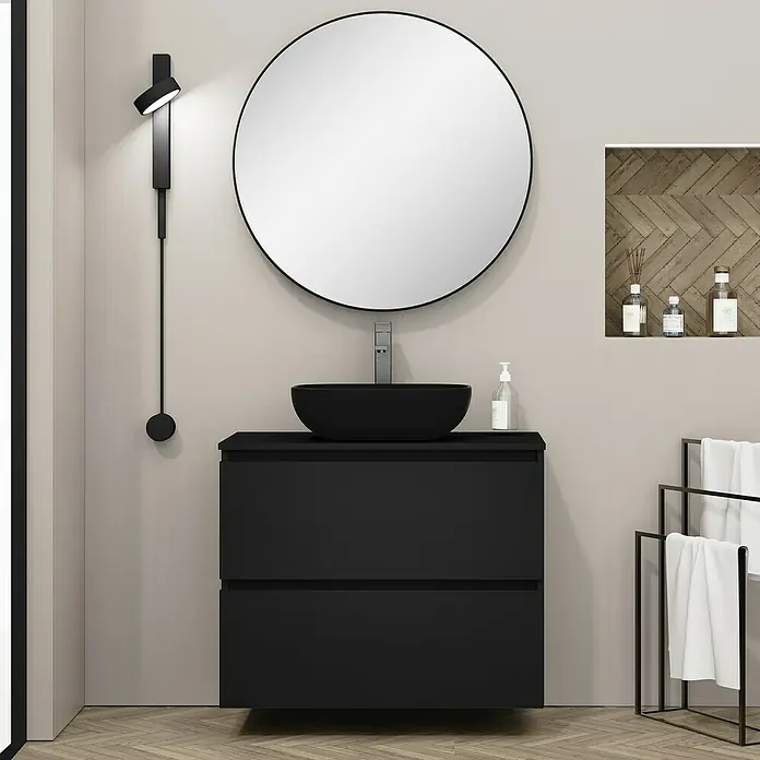 Artysan Mueble bajo de lavabo Kenia Top - L x An x Al: 46 x 80 x 65,6 cm, Negro - Moderno lavabo de baño con mueble negro, espejo redondo y lámpara de pared para un toque elegante.