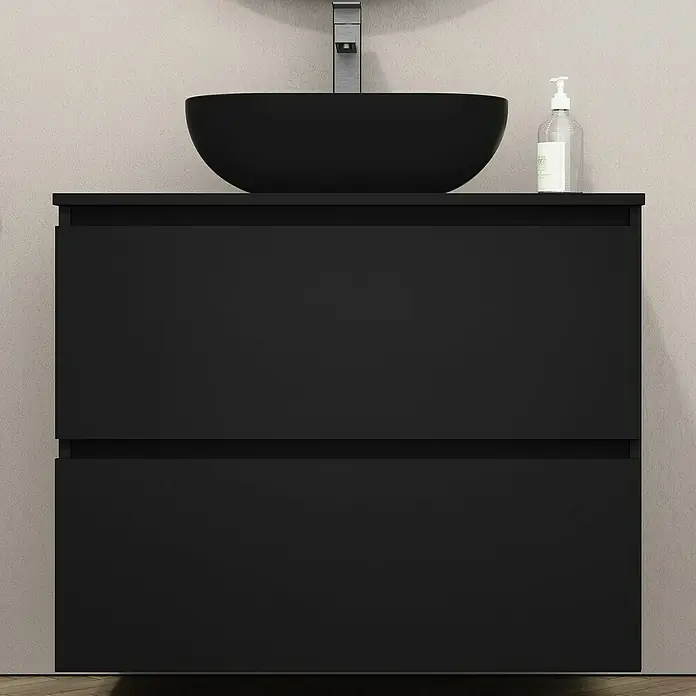 Artysan Mueble bajo de lavabo Kenia Top - L x An x Al: 46 x 80 x 65,6 cm, Negro - Mueble de baño negro con dos cajones y lavabo sobre encimera, ideal para diseños de baño contemporáneos.
