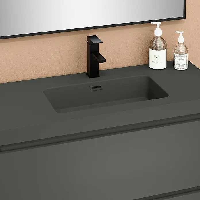Artysan Conjunto de mueble de baño Kenia - Ancho: 100 cm, Ancho total del mueble de baño: 100 cm, Antracita, Mate, 2 pzs. - Elegante lavabo con grifo negro y dispensadores de jabón estilosos, que realzan el diseño moderno del baño.