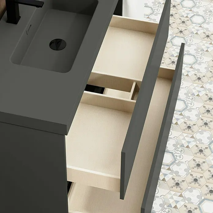 Artysan Conjunto de mueble de baño Kenia - Ancho: 100 cm, Ancho total del mueble de baño: 100 cm, Antracita, Mate, 2 pzs. - Mueble de lavabo gris con sistema de cajones abiertos y grifo a juego. Mueble de baño práctico con mucho espacio de almacenamiento.