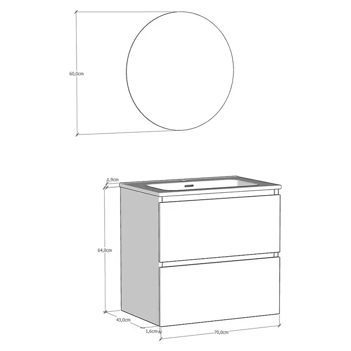 Artysan Conjunto de mueble de baño Basic 2C - Ancho: 70 cm, Ancho total del mueble de baño: 70 cm, Roble waira, 3 pzs. - Boceto de un mueble de baño con lavabo y espejo redondo encima, incluyendo las dimensiones.