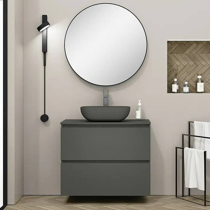 Artysan Mueble bajo de lavabo Kenia Top - L x An x Al: 46 x 80 x 65,6 cm, Antracita - Lavabo de baño moderno con tocador gris, espejo redondo y lámpara de pared negra para un diseño de baño elegante.