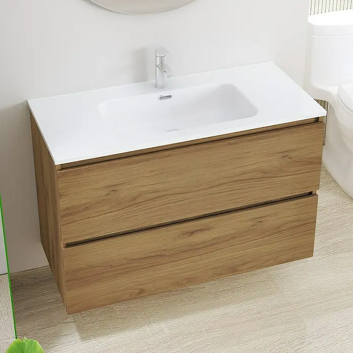 Artysan Conjunto de mueble de baño Basic 2C - Ancho: 100 cm, Ancho total del mueble de baño: 100 cm, Roble waira, 3 pzs. - Mueble de baño moderno con textura de madera y encimera blanca. El mueble tiene un diseño elegante y funcional.