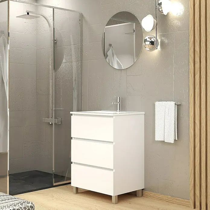 Artysan Conjunto de mueble de baño Basic 3C - Ancho: 60 cm, Ancho total del mueble de baño: 60 cm, Blanco, Mate, 3 pzs. - Un elegante mueble de lavabo de baño con tres cajones en blanco, complementado con accesorios y un toallero, acentúa el diseño moderno.