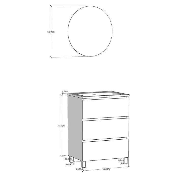 Artysan Conjunto de mueble de baño Basic 3C - Ancho: 60 cm, Ancho total del mueble de baño: 60 cm, Blanco, Mate, 3 pzs. - Dibujo técnico de un mueble de baño con lavabo y espejo redondo con dimensiones.