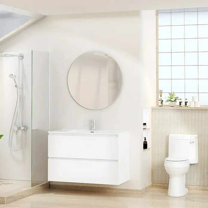 Artysan Conjunto de mueble de baño Basic 2C - Ancho: 100 cm, Ancho total del mueble de baño: 100 cm, Blanco, Mate, 3 pzs. - Interior de baño moderno con tocador blanco, espejo redondo e inodoro. Estética luminosa y limpia para un ambiente elegante.