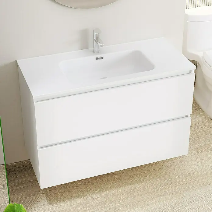 Artysan Conjunto de mueble de baño Basic 2C - Ancho: 100 cm, Ancho total del mueble de baño: 100 cm, Blanco, Mate, 3 pzs. - Mueble de baño blanco con dos cajones y grifo cromado. Un diseño moderno para cualquier baño.