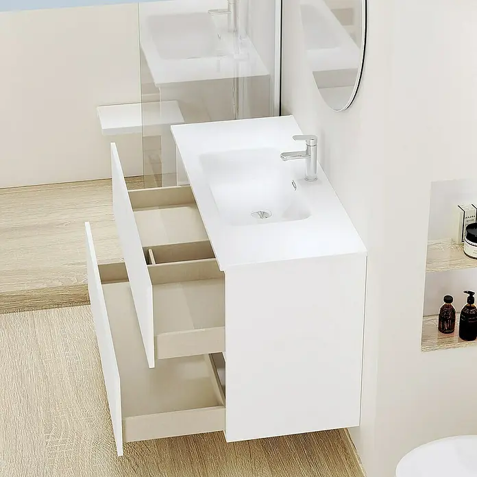 Artysan Conjunto de mueble de baño Basic 2C - Ancho: 100 cm, Ancho total del mueble de baño: 100 cm, Blanco, Mate, 3 pzs. - Lavabo de baño moderno con cajones blancos para almacenamiento. Diseño elegante para un baño con estilo.