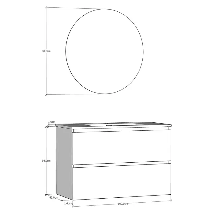 Artysan Conjunto de mueble de baño Basic 2C - Ancho: 100 cm, Ancho total del mueble de baño: 100 cm, Roble waira, 3 pzs. - Imagen de un mueble de baño con mueble de lavabo y espejo redondo. Las dimensiones están especificadas.
