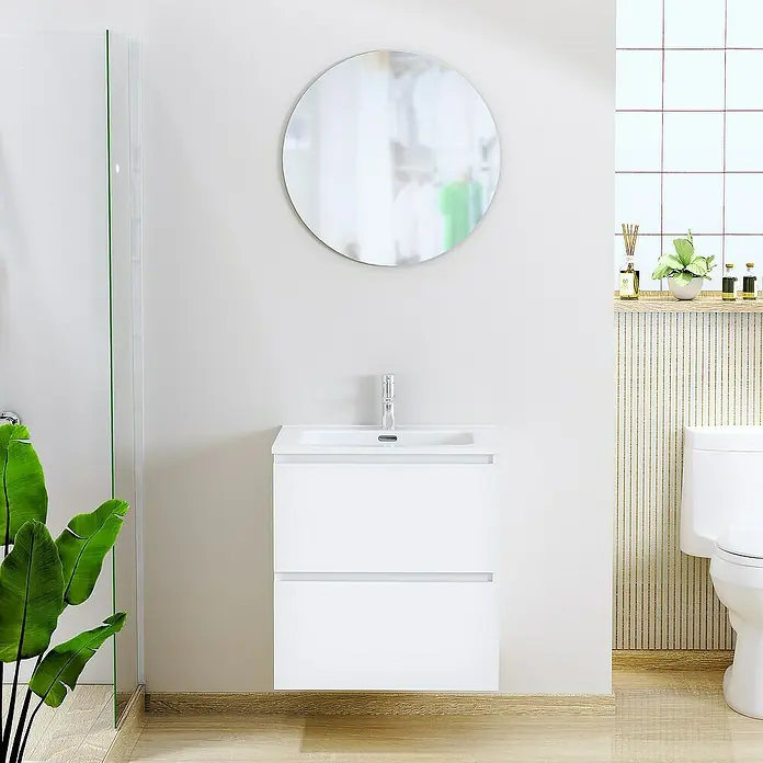 Artysan Conjunto de mueble de baño Basic 2C - Ancho: 60 cm, Ancho total del mueble de baño: 60 cm, Blanco, Mate, 3 pzs. - Interior de baño moderno con un elegante mueble de lavabo blanco y un espejo redondo, que combina diseño elegante y funcionalidad práctica.