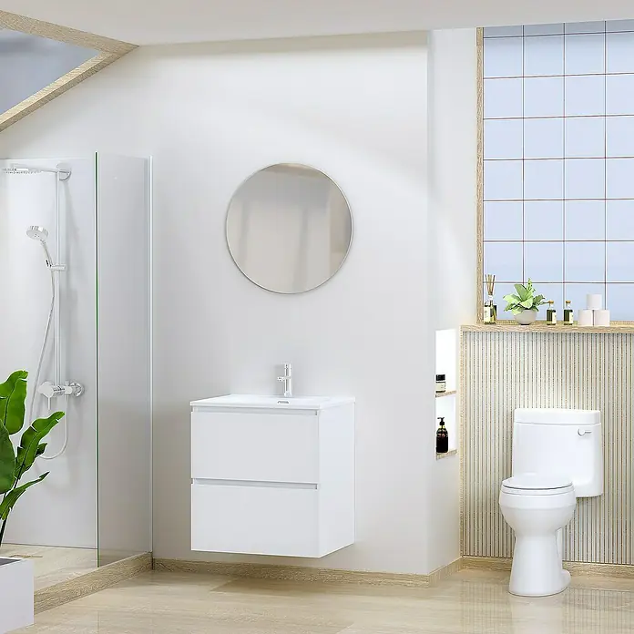 Artysan Conjunto de mueble de baño Basic 2C - Ancho: 60 cm, Ancho total del mueble de baño: 60 cm, Blanco, Mate, 3 pzs. - Un baño moderno con un tocador flotante, espejo redondo y ducha, creando un espacio elegante y funcional.
