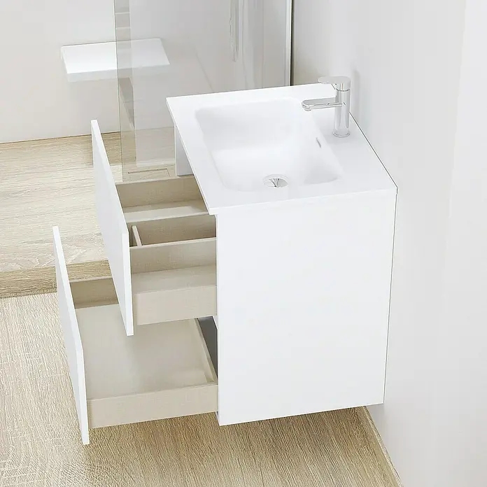 Artysan Conjunto de mueble de baño Basic 2C - Ancho: 60 cm, Ancho total del mueble de baño: 60 cm, Blanco, Mate, 3 pzs. - Lavabo moderno con un mueble bajo lavabo con dos cajones abiertos en un baño.