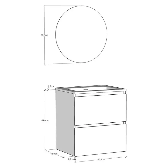 Artysan Conjunto de mueble de baño Basic 2C - Ancho: 60 cm, Ancho total del mueble de baño: 60 cm, Roble waira, 3 pzs. - Boceto de un moderno mueble de baño con espejo redondo. El mueble tiene dos cajones y líneas limpias y minimalistas.