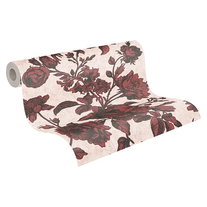 A.S. Création My Home My Spa Vliestapete Rose - Rosa/Rot, Floral, 10,05 x 0,53 m - Eine Rolle floral gemusterte Tapete mit einem dunklen, burgunderfarbenen Rosenmuster auf einem hellen, strukturierten Hintergrund.