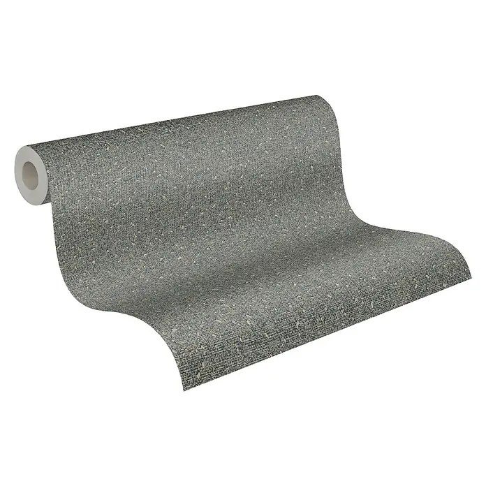 A.S. Création My Home My Spa Vliestapete - Metallisches Anthrazit, Uni, 10,05 x 0,53 m - Nahaufnahme einer Rolle grauer, strukturierter Tapete mit hellen Sprenkeln, die eine elegante und moderne Wandgestaltung verspricht.