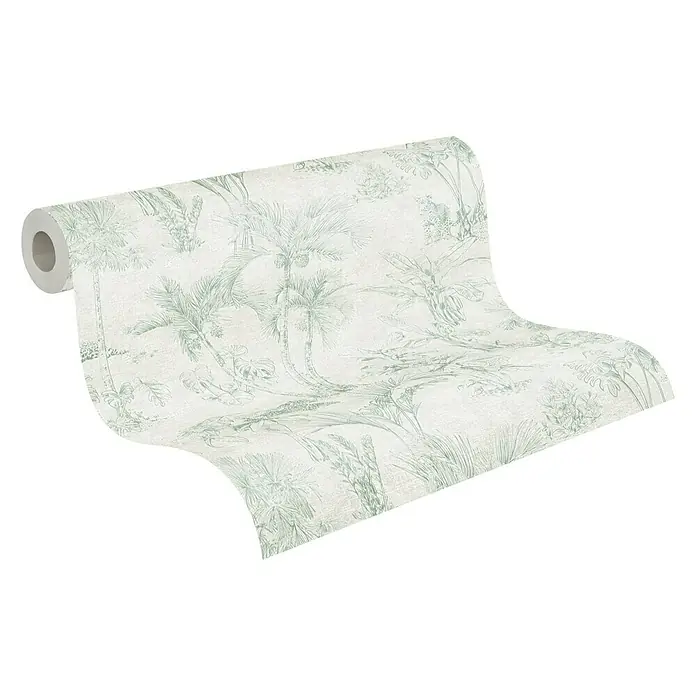 A.S. Création Cuba Vliestapete Dschungel - Grün-Weiß, Floral, 10,05 x 0,53 m - Eine Rolle Tapete mit einem grünen Dschungelmuster auf einem weißen Hintergrund. Das Muster zeigt Palmen und andere tropische Pflanzen.
