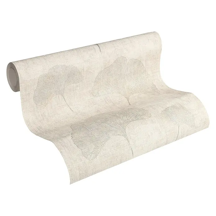 A.S. Création Cuba Vliestapete Blume - Beige/Grau, Floral, 10,05 x 0,53 m - Eine Rolle zart gemusterter Tapete mit Ginkgo-Blatt-Motiven in sanften Farbtönen, ideal für eine elegante Raumgestaltung.