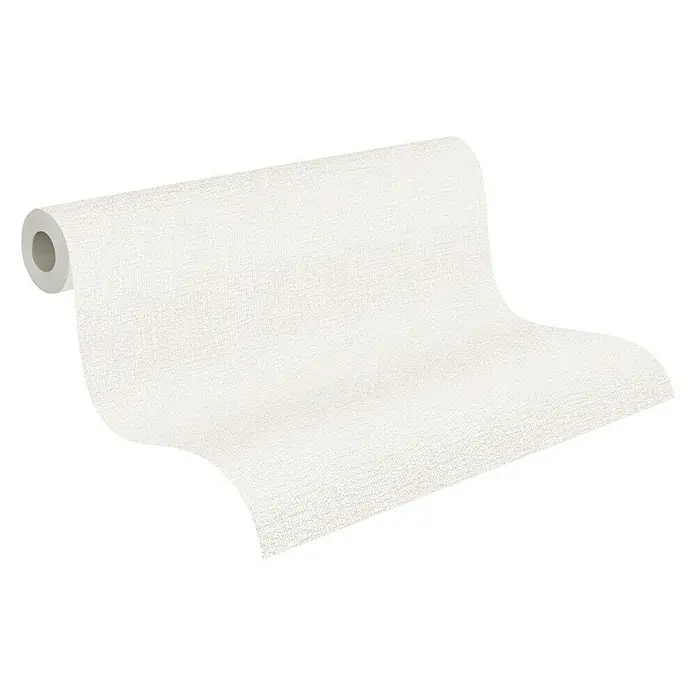 A.S. Création Attractive Vliestapete - Schmeichelndes Weiß, Uni, 10,05 x 0,53 m - Nahaufnahme einer weißen Tapetenrolle mit feiner Textur. Ideal für stilvolle Wandgestaltung und Inneneinrichtung.