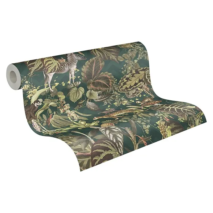 A.S. Création Michalsky 4 Vliestapete Dschungel - Grün, Tieroptik, 10,05 x 0,53 m - Ein luxuriöser Rollen-Tapete mit Dschungel-Motiv, das eine exotische Atmosphäre mit Pflanzen, Zebra und vielen Tieren in Ihr Zuhause bringt.