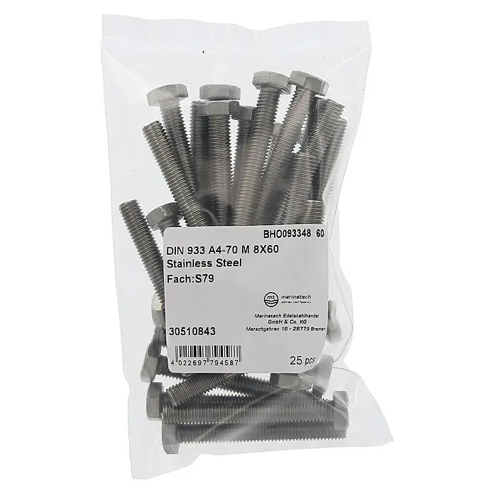 Marinetech Sechskantschraube - M 8, Länge: 60 mm, Edelstahl, A4, 25 Stk. - Eine Packung DIN 933 A4-70 M 8X60 Edelstahl-Sechskantschrauben von Marinetech, ideal für robuste Verbindungen in verschiedenen Anwendungen.