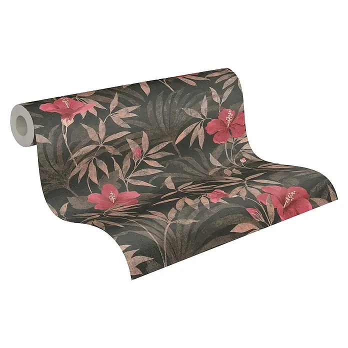A.S. Création Cuba Vliestapete Blume - Rot/Braun, Floral, 10,05 x 0,53 m - Eine Rolle stilvolle Tapete mit einem dunklen, tropischen Blätterdesign und roten Hibiskusblüten, ideal für eine elegante Wandgestaltung.