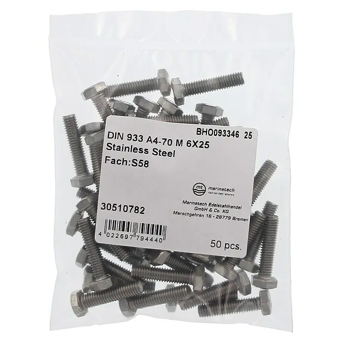 Marinetech Sechskantschraube - M 6, Länge: 25 mm, Edelstahl, A4, 50 Stk. - Eine Packung DIN 933 A4-70 M 6X25 Edelstahlschrauben von Marinetech Edelstahlhandel, verpackt in einer durchsichtigen Plastiktüte.