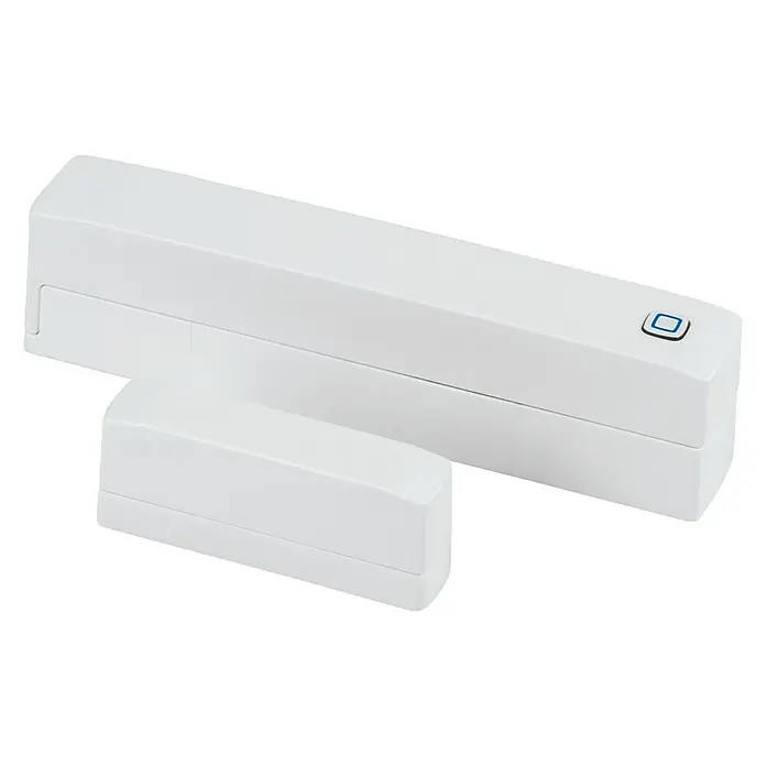 Homematic IP Funk-Fensterkontakt HmIP-SWDM-2 - Weiß, Batteriebetrieben, 25 x 102 x 18 mm - Weißer Fenster- oder Türkontakt-Sensor mit blauem Symbol, der für Smart-Home-Systeme und Sicherheitseinrichtungen verwendet wird.