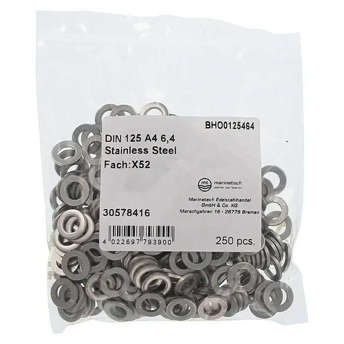 Marinetech Unterlegscheibe - Innendurchmesser: 6,4 mm, Außendurchmesser: 12 mm, A4, Edelstahl, 250 Stk. - Eine Packung DIN 125 A4 6,4 Edelstahl-Unterlegscheiben von Marinetech, ideal für korrosionsbeständige Verbindungen im maritimen Bereich.
