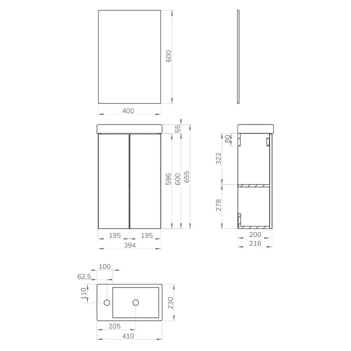 Artysan Conjunto de mueble de baño Super Mini - Roble waira, 3 pzs. - Un dibujo esquemático detallado del mueble de baño con lavabo, incluyendo todas las dimensiones.