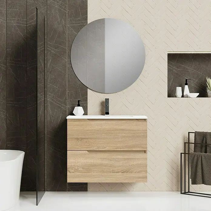 Artysan Conjunto de mueble de baño Zeus - Ancho: 80 cm, 3 pzs., Natural, Mate - Baño con tocador de madera clara con lavabo, espejo redondo y toallero.