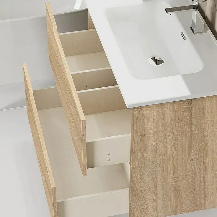 Artysan Conjunto de mueble de baño Zeus - Ancho: 80 cm, 3 pzs., Natural, Mate - Mueble de baño moderno con sistema de cajones abiertos y frentes de madera clara. El lavabo es de material blanco brillante. Diseño elegante.
