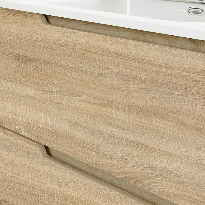 Artysan Conjunto de mueble de baño Zeus - Ancho: 60 cm, 3 pzs., Natural, Mate - Detalle de un mueble de baño de madera clara con lavabo integrado, que combina almacenamiento y diseño moderno.