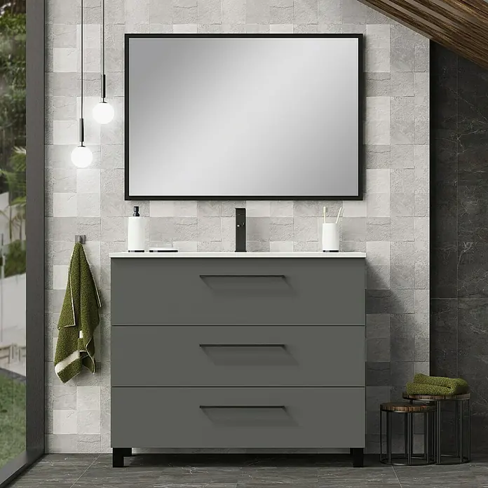 Artysan Mueble bajo de lavabo Arosa 3C - L x An x Al: 44,6 x 100 x 83,3 cm, Antracita - Un moderno tocador de baño gris con tres cajones y una encimera blanca, perfecto para añadir estilo a cualquier baño.