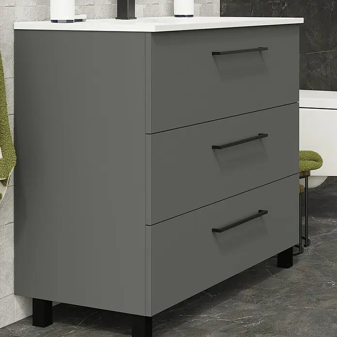 Artysan Conjunto de mueble de baño Arosa 3C - Ancho: 100 cm, 3 pzs., Antracita, Mate - Este moderno mueble de baño gris con tres cajones ofrece un elegante espacio de almacenamiento. Las elegantes asas y patas son negras.