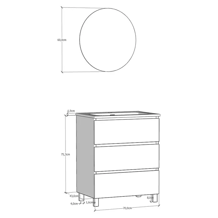 Artysan Conjunto de mueble de baño Basic 3C - Ancho: 70 cm, Ancho total del mueble de baño: 70 cm, Roble waira, 3 pzs. - Vista del producto: Mueble de lavabo con cajones y espejo redondo, con medidas detalladas.
