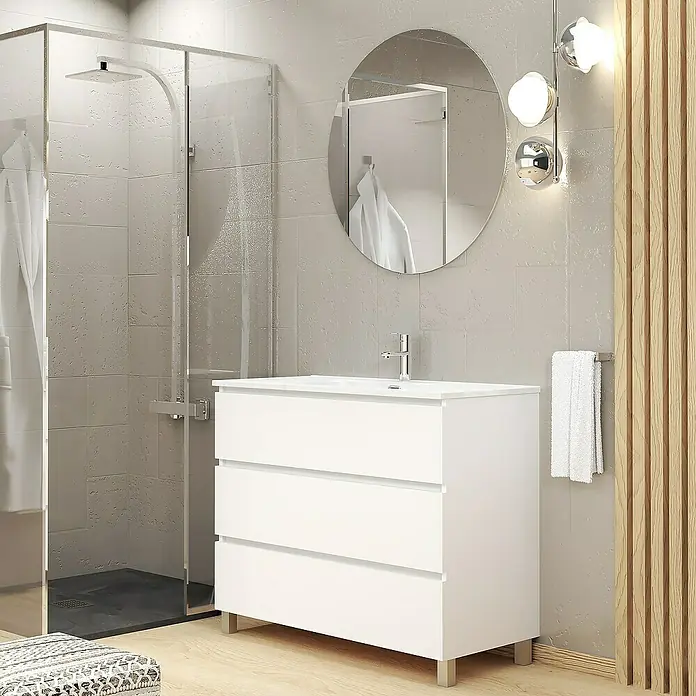 Artysan Conjunto de mueble de baño Basic 3C - Ancho: 90 cm, Ancho total del mueble de baño: 90 cm, Blanco, Mate, 3 pzs. - Mueble de baño blanco con tres cajones y espejo redondo en un baño moderno.