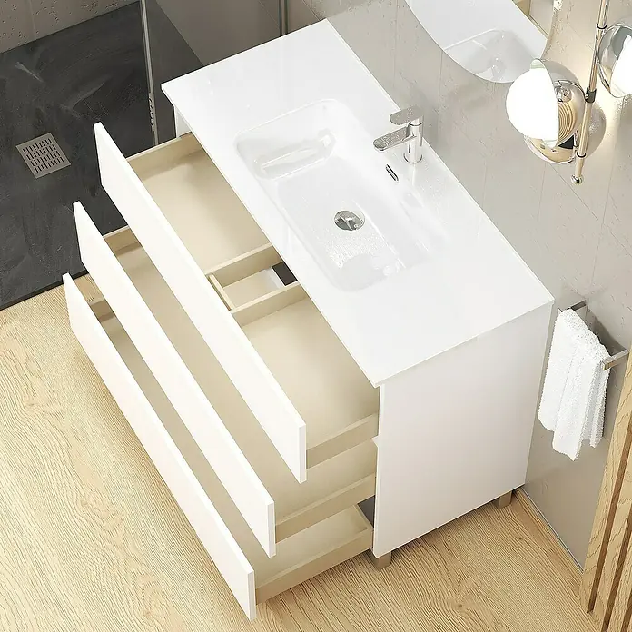 Artysan Conjunto de mueble de baño Basic 3C - Ancho: 90 cm, Ancho total del mueble de baño: 90 cm, Blanco, Mate, 3 pzs. - Lavabo de baño moderno con cajones blancos y un diseño elegante. Ideal para un baño con estilo.