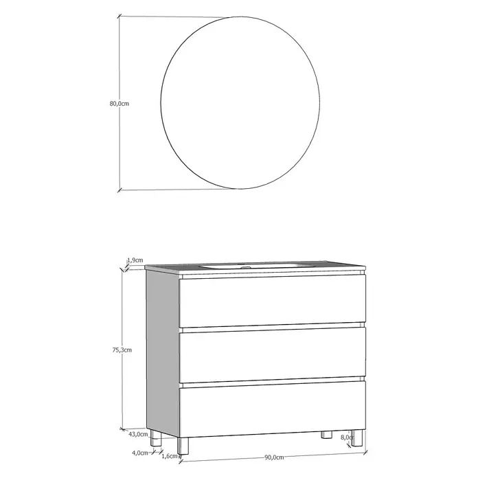 Artysan Conjunto de mueble de baño Basic 3C - Ancho: 90 cm, Ancho total del mueble de baño: 90 cm, Roble waira, 3 pzs. - Dibujo esquemático de un mueble de baño con tres cajones y un espejo redondo.