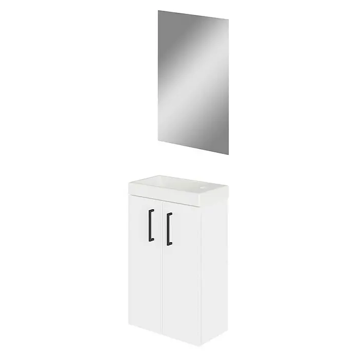 Artysan Conjunto de mueble de baño Super Mini - Blanco, Mate, 3 pzs. - Un mueble de lavabo blanco con un lavabo encima y un espejo arriba. Aspecto moderno para cualquier baño.