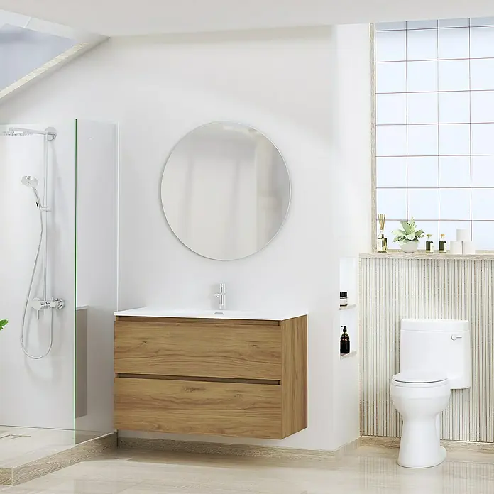 Artysan Conjunto de mueble de baño Basic 2C - Ancho: 90 cm, Ancho total del mueble de baño: 90 cm, Roble waira, 3 pzs. - Un baño moderno con un tocador de madera, un espejo redondo y un inodoro, todo en un diseño minimalista y luminoso. Ideal para la mejora del hogar.