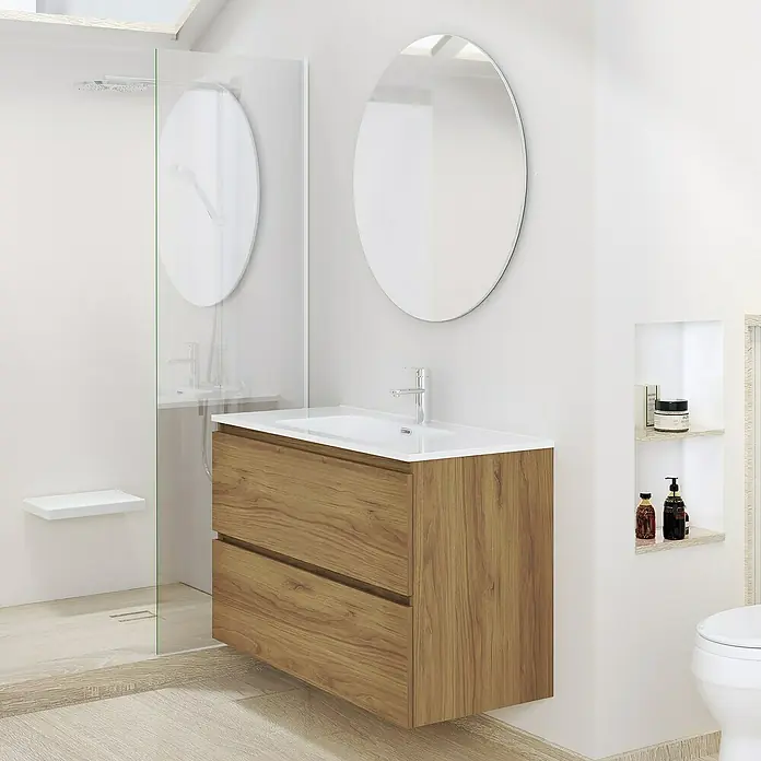 Artysan Conjunto de mueble de baño Basic 2C - Ancho: 90 cm, Ancho total del mueble de baño: 90 cm, Roble waira, 3 pzs. - Un moderno mueble de baño con acabado de vetas de madera y dos cajones, complementado con un espejo redondo y una ducha al fondo.
